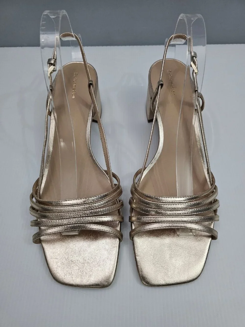Reformation Eleonora Slingback Sandal Size 11 Gold Leather Square Toe Block Heel